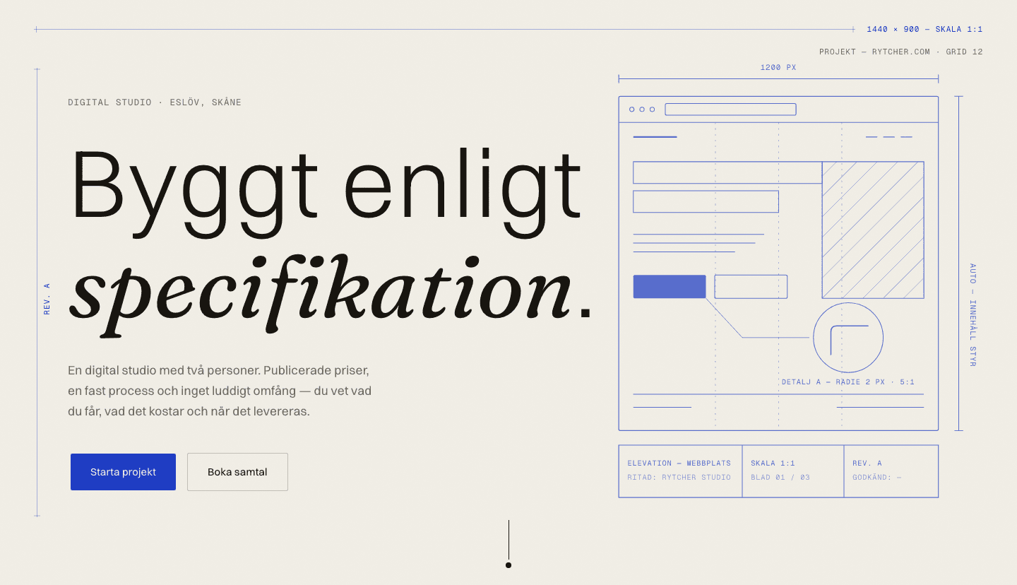 Rytcher.com — startsidans färdiga rendering